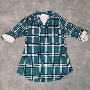 Ultra Comfy Stretchy Teal Plaid Shirt Roll Up Sleeve V Neck Business Casual